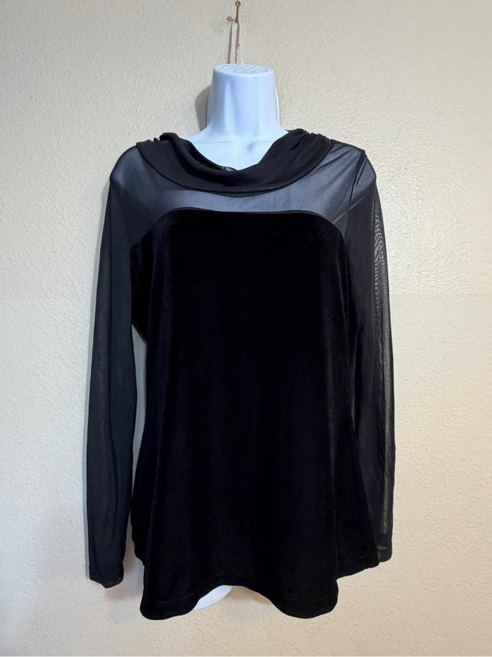 Vintage Suzie Black Velvet & Mesh Long-Sleeve Top medium